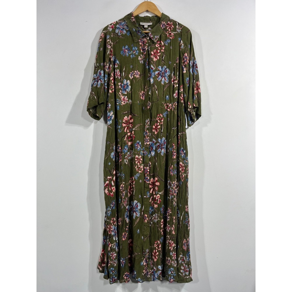 Woman Within Boho Green Floral Crinkle Maxi Shirt Dress Button Front 22W Petite